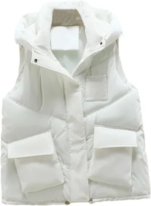 Women Autumn Winter Vest Coat Soild Color Outwear Casual Cotton Padded Stand Collar Sleeveless Jacket Waistcoat Tops