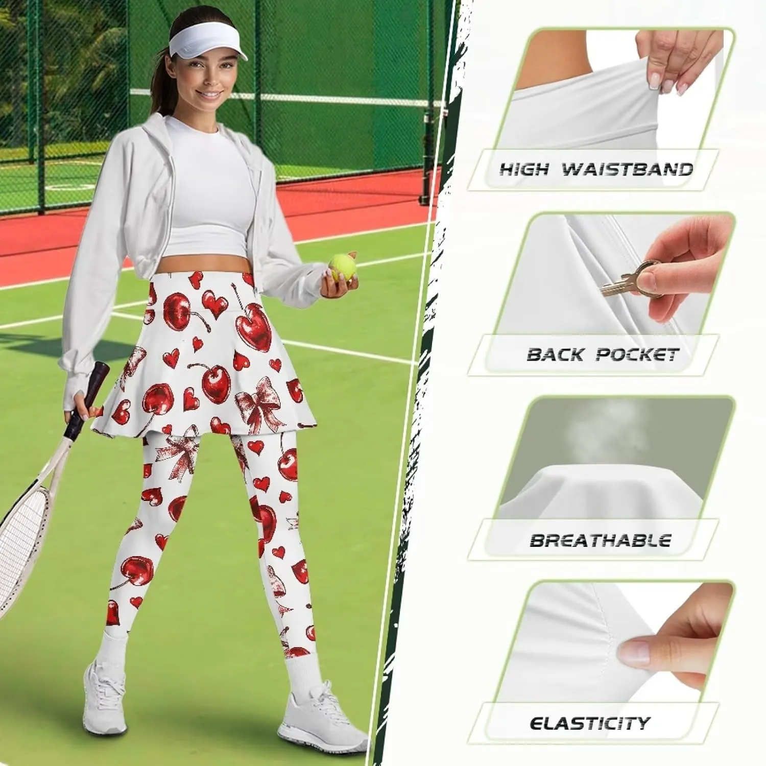 Women Breathable Yoga Skirted Legging with Pockets Elastic High Waist Tennis Leggings with Skirts