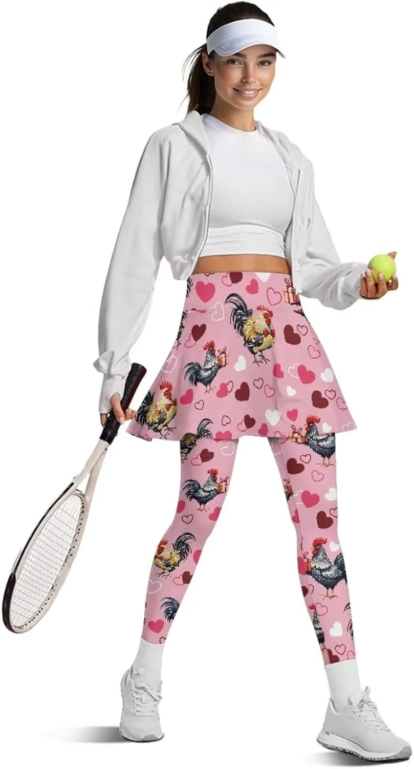 Women Breathable Yoga Skirted Legging with Pockets Elastic High Waist Tennis Leggings with Skirts