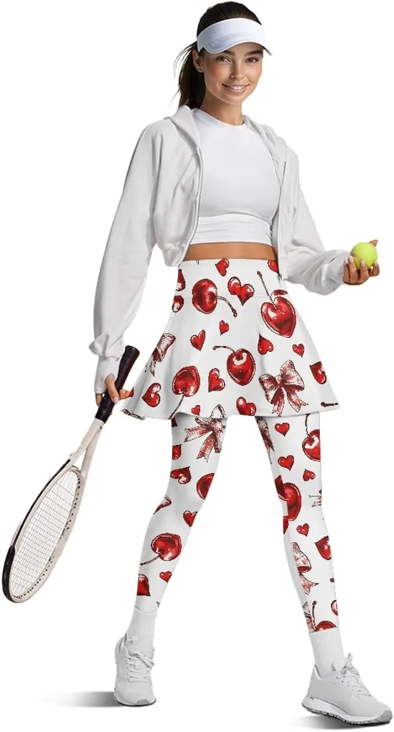 Women Breathable Yoga Skirted Legging with Pockets Elastic High Waist Tennis Leggings with Skirts