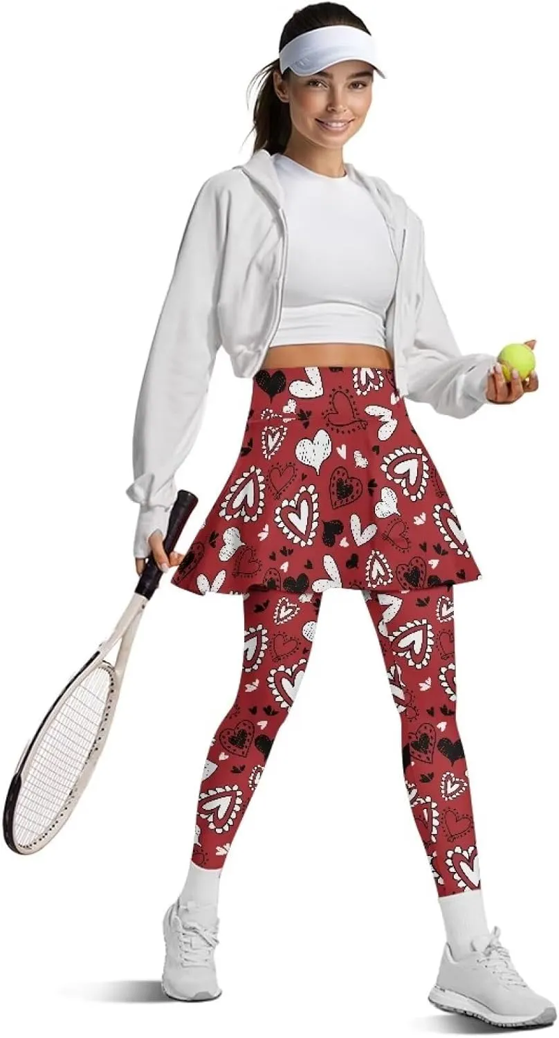 Women Breathable Yoga Skirted Legging with Pockets Elastic High Waist Tennis Leggings with Skirts