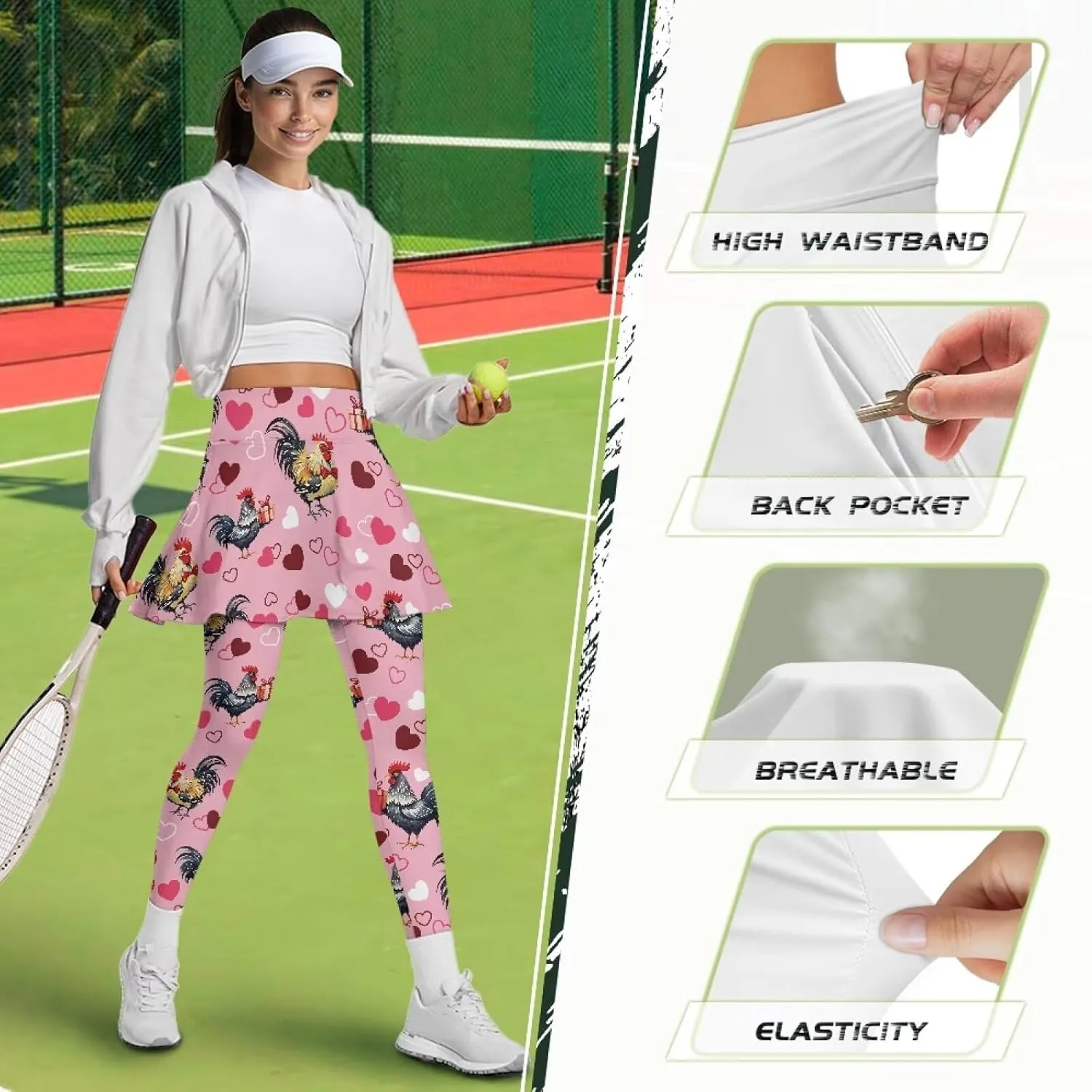 Women Breathable Yoga Skirted Legging with Pockets Elastic High Waist Tennis Leggings with Skirts