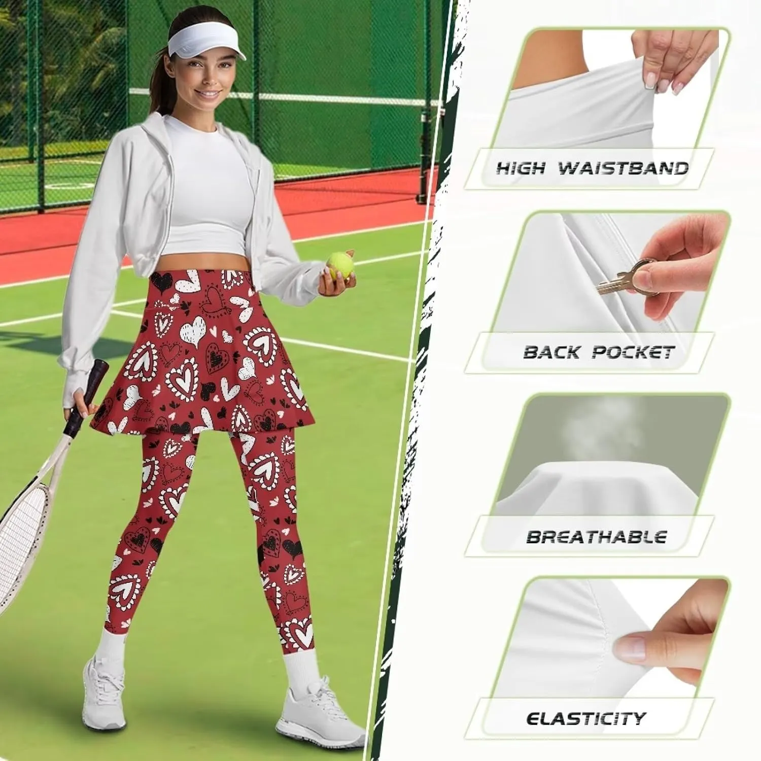 Women Breathable Yoga Skirted Legging with Pockets Elastic High Waist Tennis Leggings with Skirts