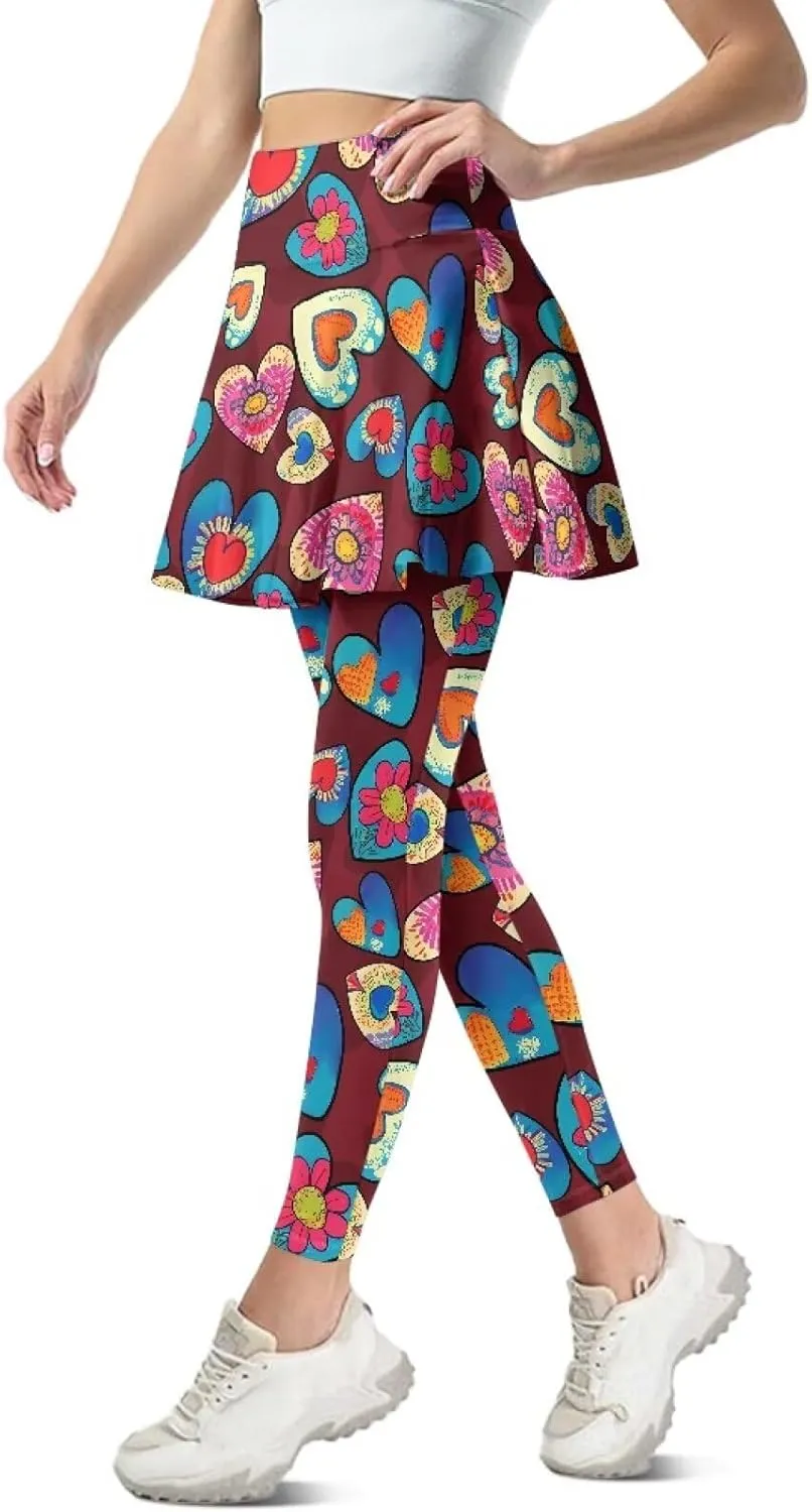 Women Breathable Yoga Skirted Legging with Pockets Elastic High Waist Tennis Leggings with Skirts