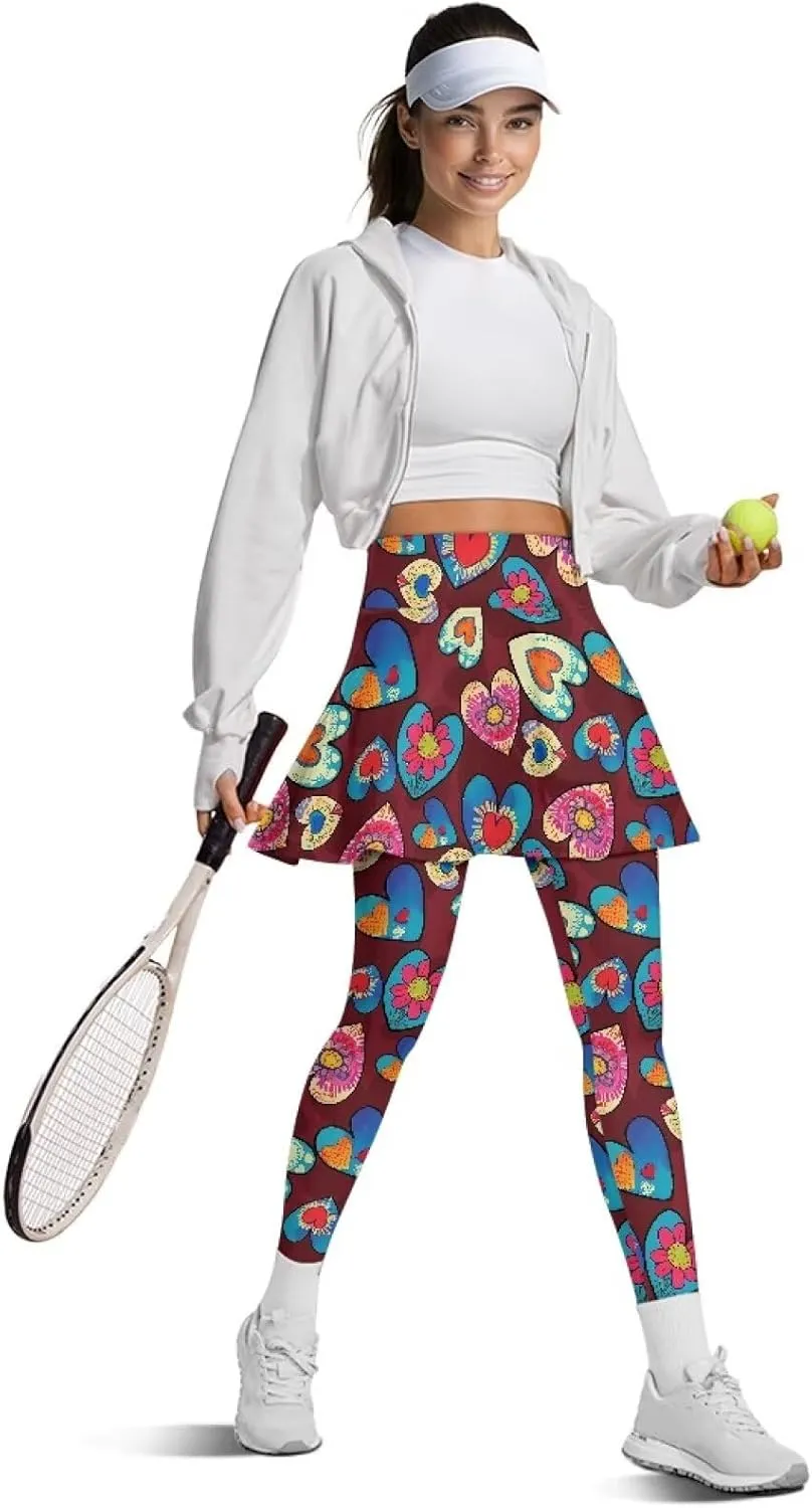 Women Breathable Yoga Skirted Legging with Pockets Elastic High Waist Tennis Leggings with Skirts