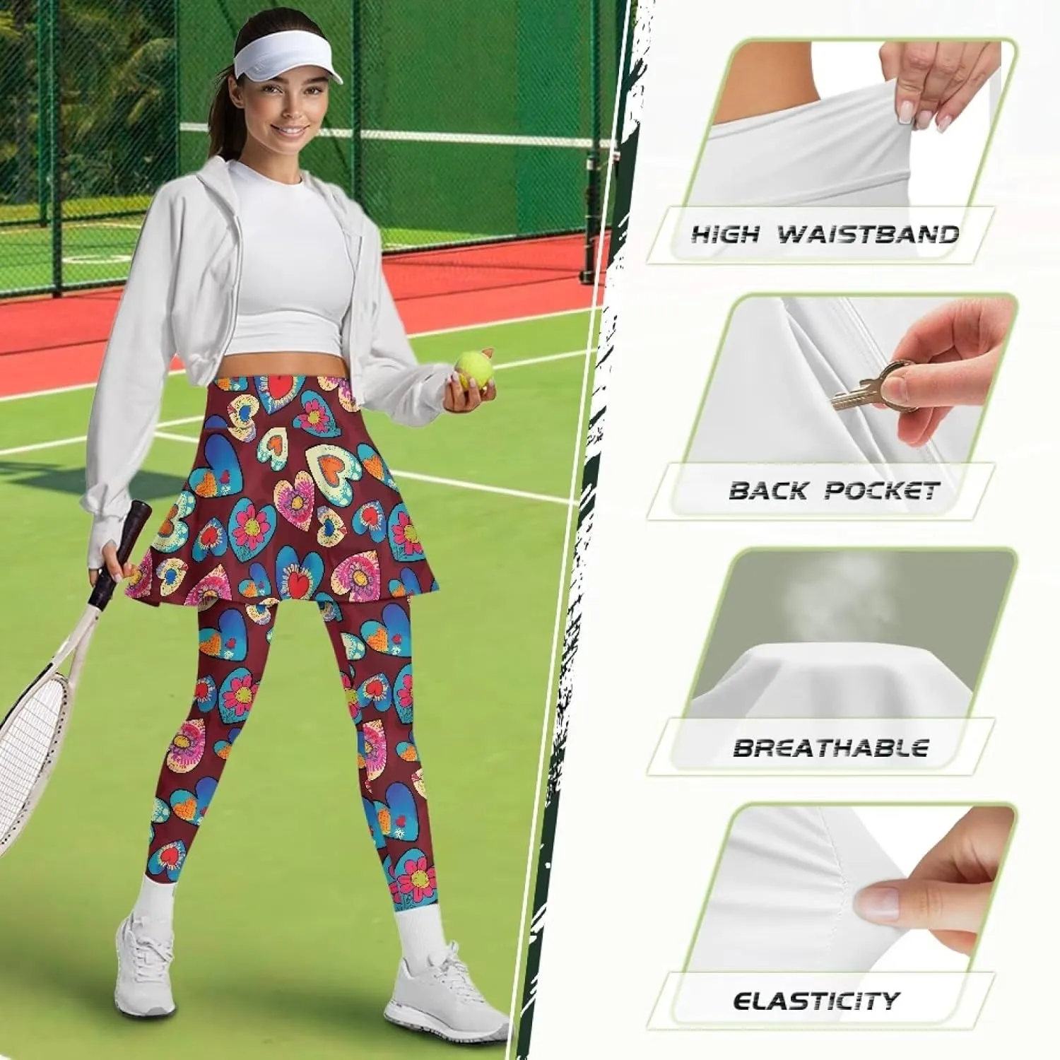 Women Breathable Yoga Skirted Legging with Pockets Elastic High Waist Tennis Leggings with Skirts