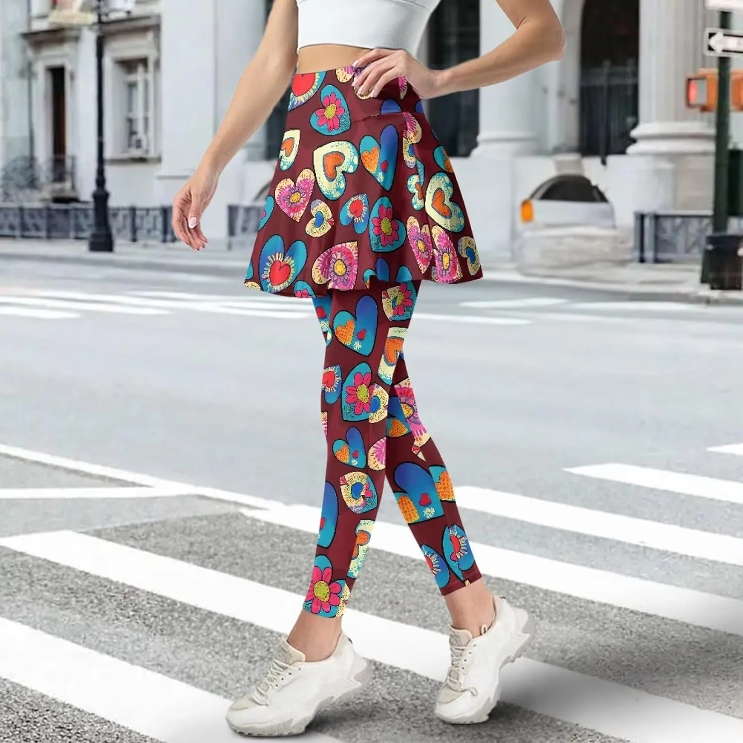 Women Breathable Yoga Skirted Legging with Pockets Elastic High Waist Tennis Leggings with Skirts