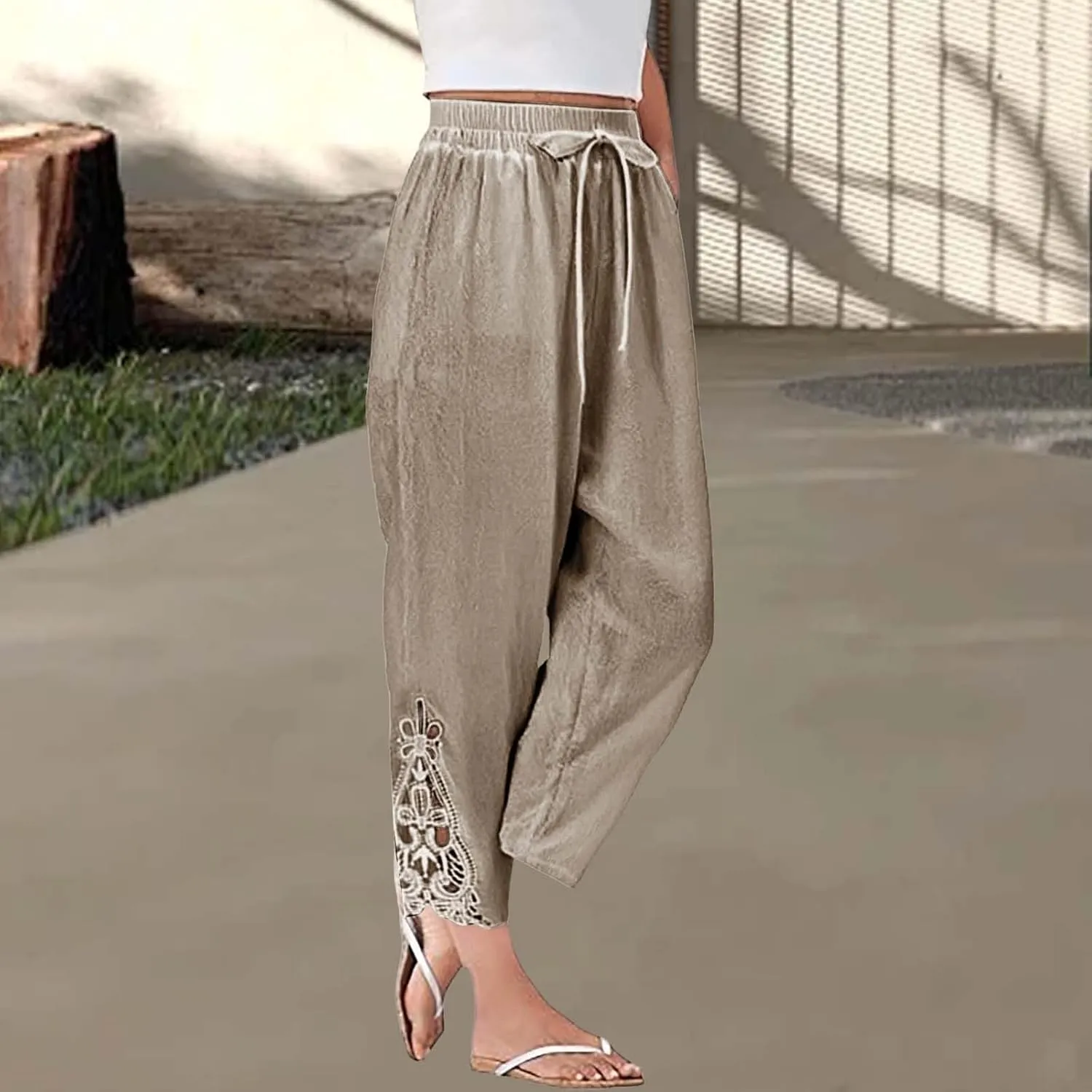 Women Casual Lightweight Drawstring Elastic Waist Pants with Pockets High Waist Straight Leg Beach Trousers 2025