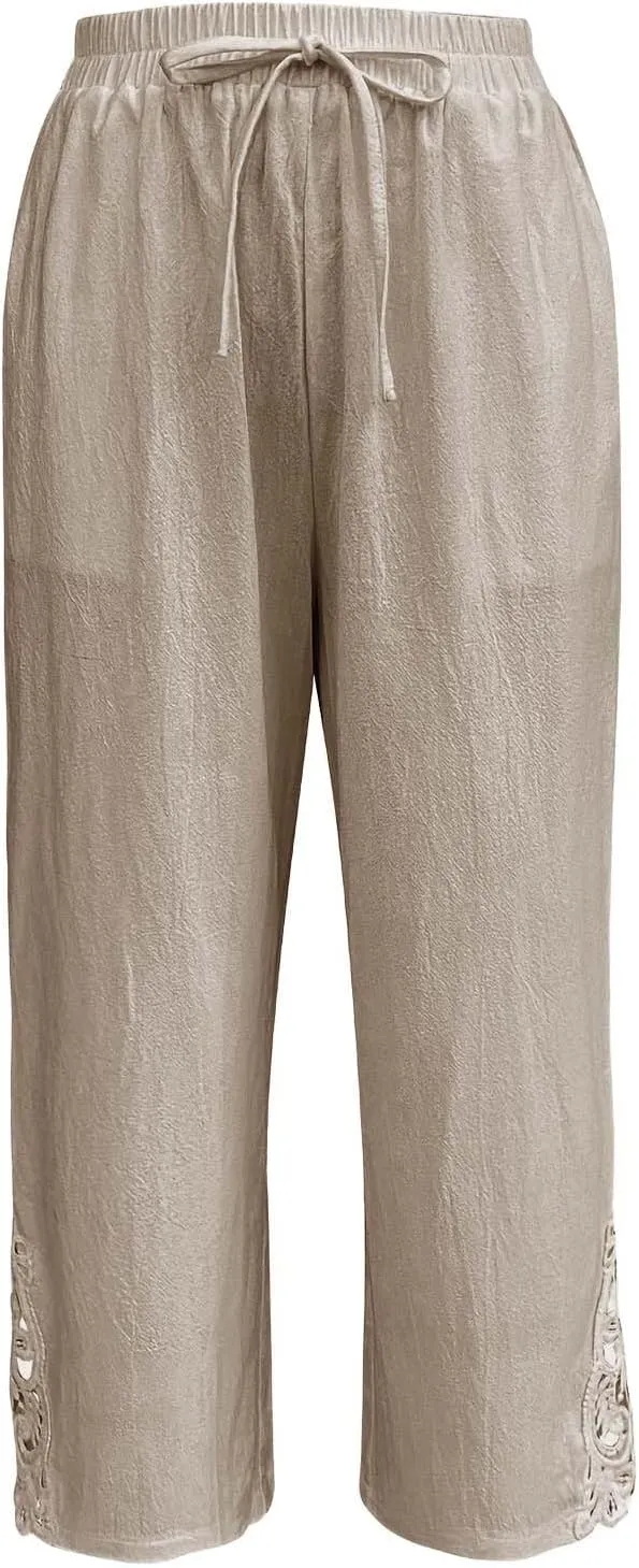 Women Casual Lightweight Drawstring Elastic Waist Pants with Pockets High Waist Straight Leg Beach Trousers 2025