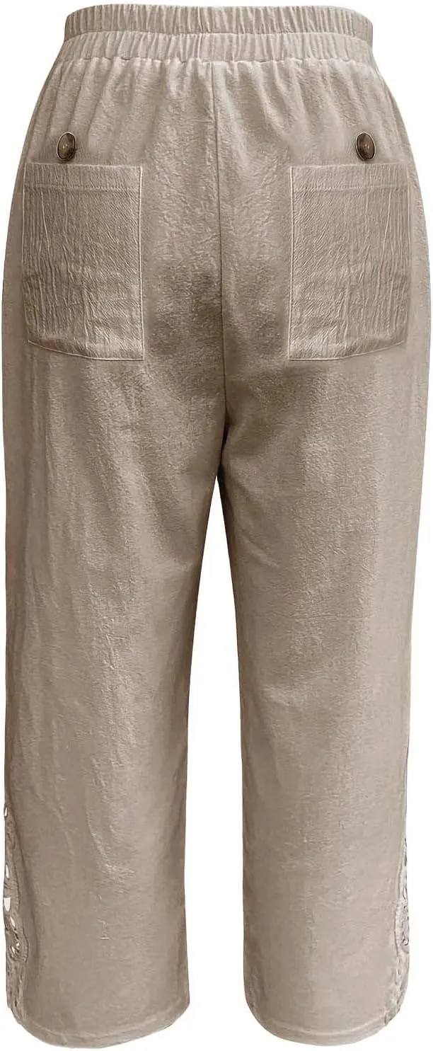 Women Casual Lightweight Drawstring Elastic Waist Pants with Pockets High Waist Straight Leg Beach Trousers 2025