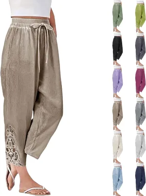 Women Casual Lightweight Drawstring Elastic Waist Pants with Pockets High Waist Straight Leg Beach Trousers 2025