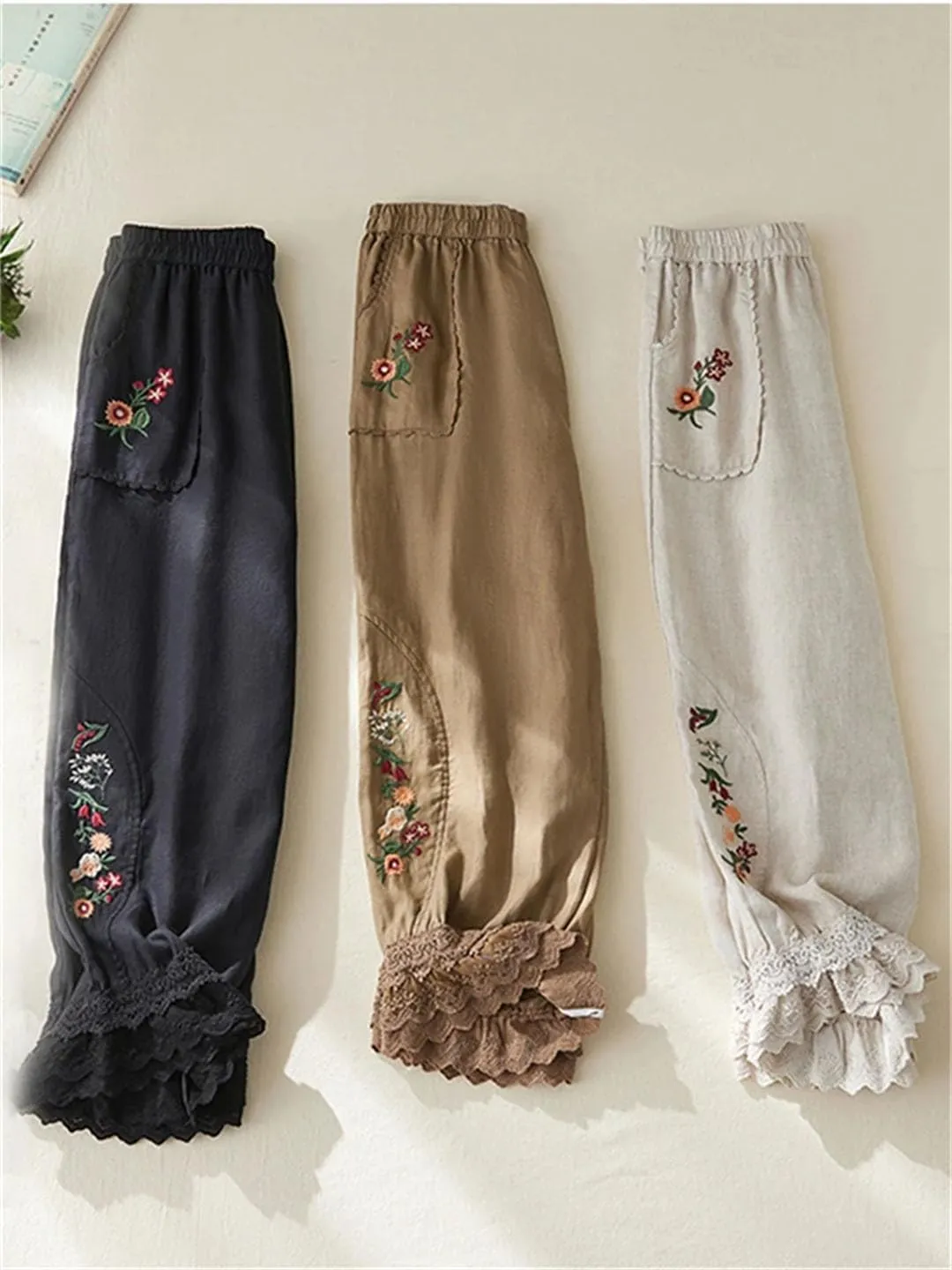 Women Casual Pants Elastic Waist Floral Embroidery Lace Patchwork Ankle Length Trousers