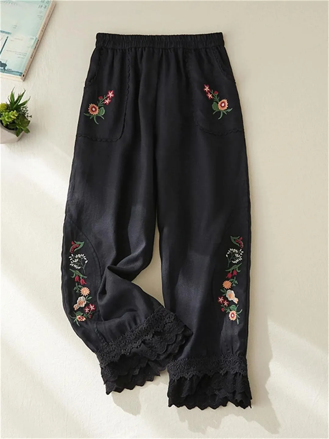 Women Casual Pants Elastic Waist Floral Embroidery Lace Patchwork Ankle Length Trousers