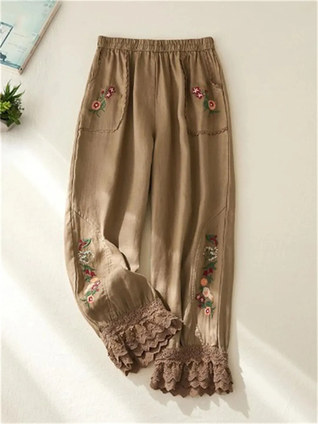 Women Casual Pants Elastic Waist Floral Embroidery Lace Patchwork Ankle Length Trousers