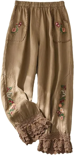 Women Casual Pants Elastic Waist Floral Embroidery Lace Patchwork Ankle Length Trousers
