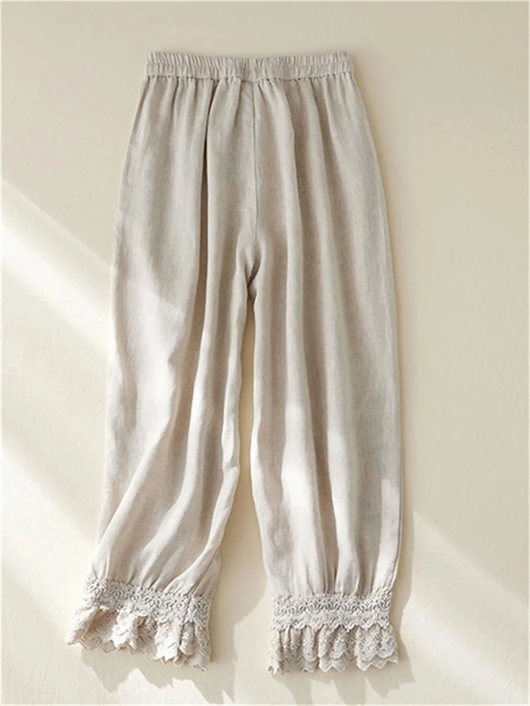 Women Casual Pants Elastic Waist Floral Embroidery Lace Patchwork Ankle Length Trousers