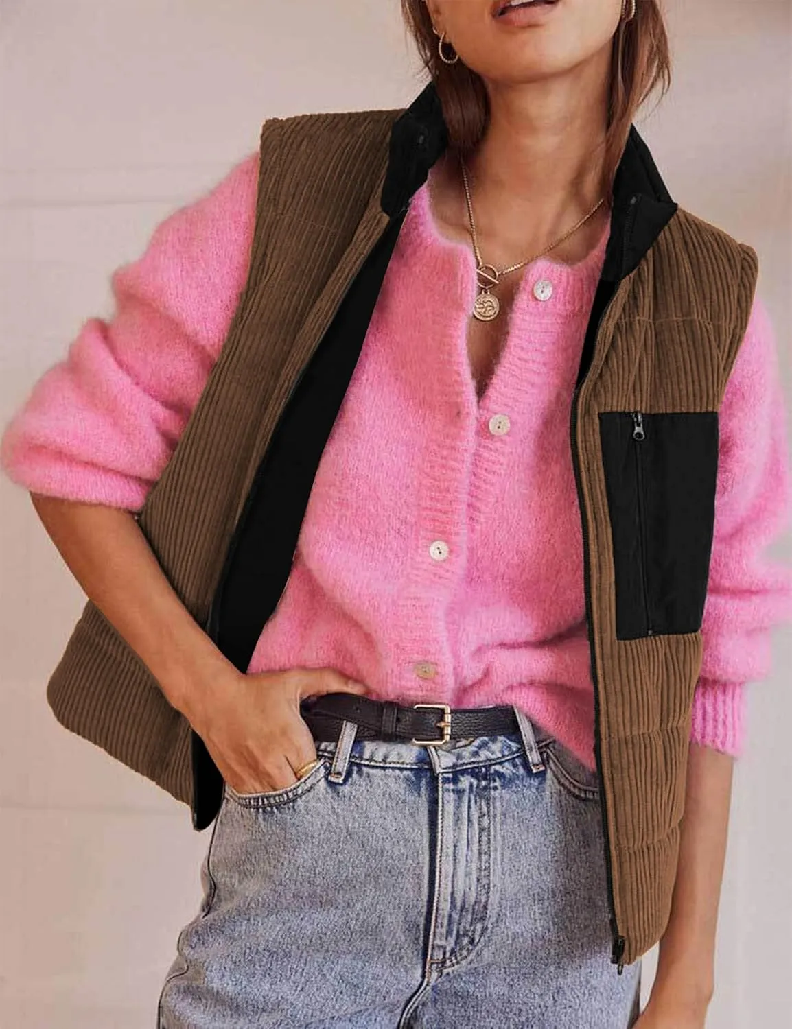 Women Corduroy Puffer Vest Cropped Sleeveless Jacket Puffy Stand Collar Gilet Coat Zip Up Outwear with Pockets