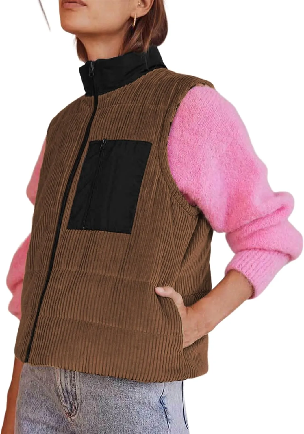 Women Corduroy Puffer Vest Cropped Sleeveless Jacket Puffy Stand Collar Gilet Coat Zip Up Outwear with Pockets