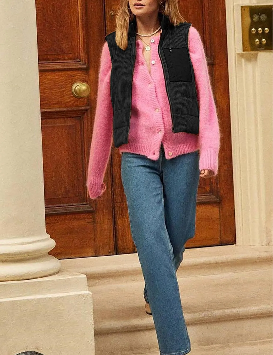 Women Corduroy Puffer Vest Cropped Sleeveless Jacket Puffy Stand Collar Gilet Coat Zip Up Outwear with Pockets