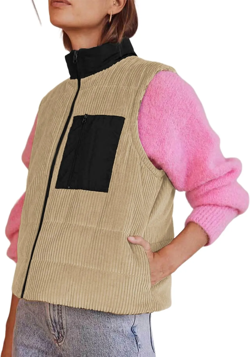 Women Corduroy Puffer Vest Cropped Sleeveless Jacket Puffy Stand Collar Gilet Coat Zip Up Outwear with Pockets