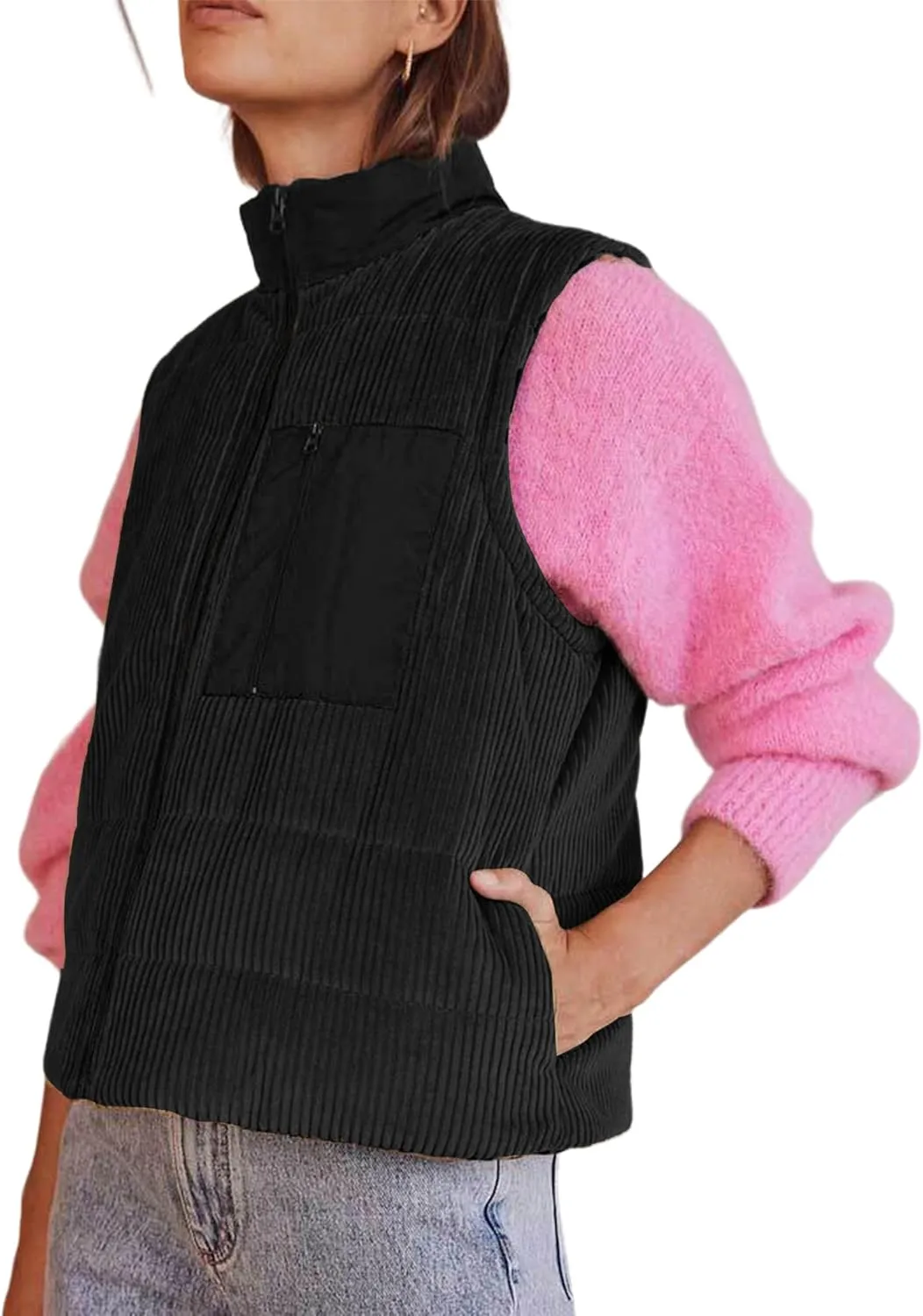 Women Corduroy Puffer Vest Cropped Sleeveless Jacket Puffy Stand Collar Gilet Coat Zip Up Outwear with Pockets