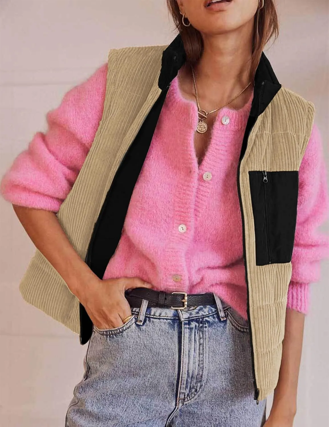 Women Corduroy Puffer Vest Cropped Sleeveless Jacket Puffy Stand Collar Gilet Coat Zip Up Outwear with Pockets