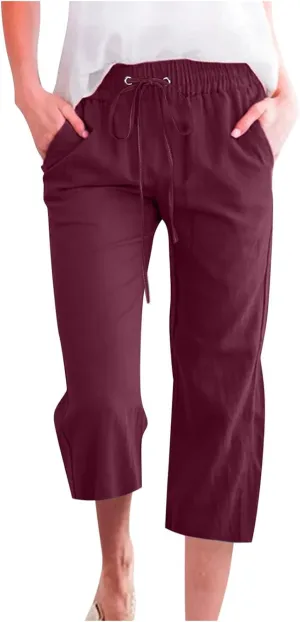 Women Cotton Linen Capris Pants Casual Summer 2025 Straight Wide Leg Loose Drawstring Elastic Waist Cropped Trouser