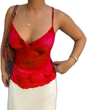Women Floral Print Tie Shoulder Tank Tops Y2k V Neck Ruffle Hem Cami Shirt Cute Smocked Cami Tops