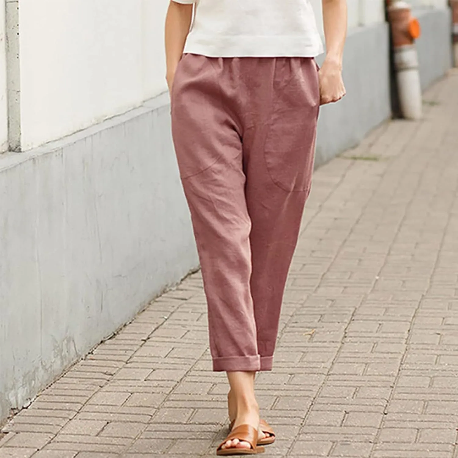 Women Linen Summer Striped Palazzo Pants Elastic Waist Bootcut Slim Fit Pant Trousers Work Business