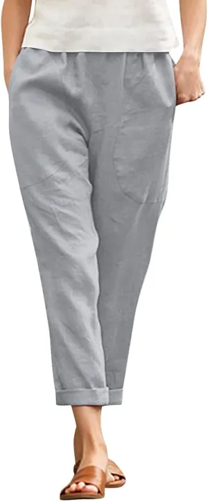 Women Linen Summer Striped Palazzo Pants Elastic Waist Bootcut Slim Fit Pant Trousers Work Business