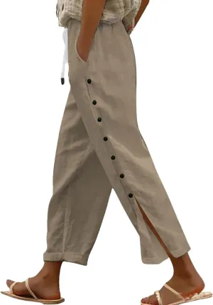 Women Summer Casual Linen Pants Striped Side Button Pants Baggy Elastic Waist Straight Leg Trousers with Pocket