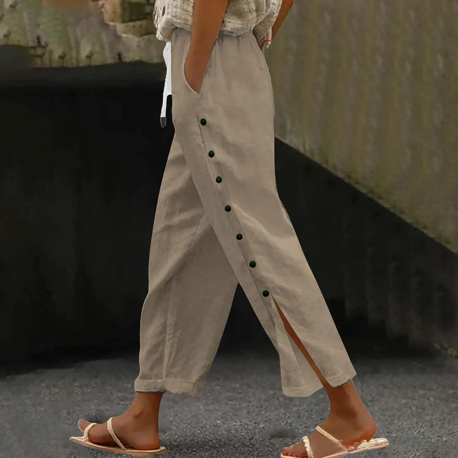 Women Summer Casual Linen Pants Striped Side Button Pants Baggy Elastic Waist Straight Leg Trousers with Pocket