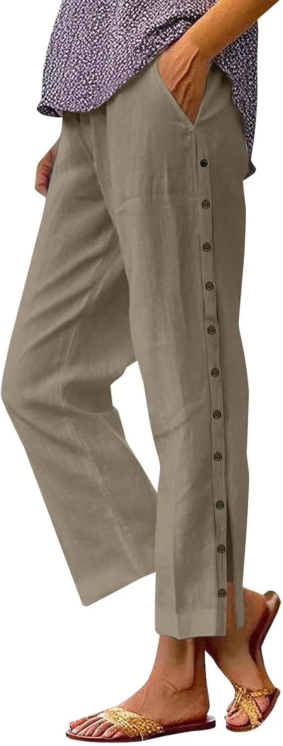 Women Summer Casual Linen Pants Striped Side Button Pants Baggy Elastic Waist Straight Leg Trousers with Pocket