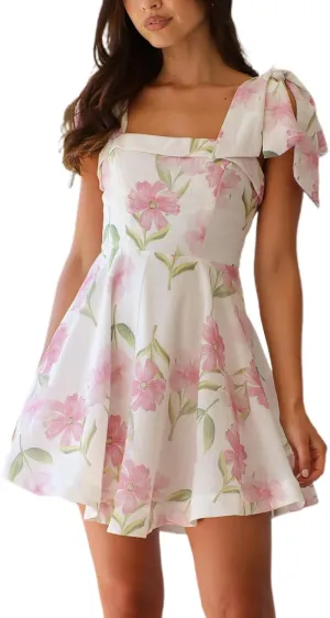 Women Tie Shoulder Mini Dress Boho Floral Babydoll Dress Square Neck Ruffle A Line Flowy Summer Beach Sundress