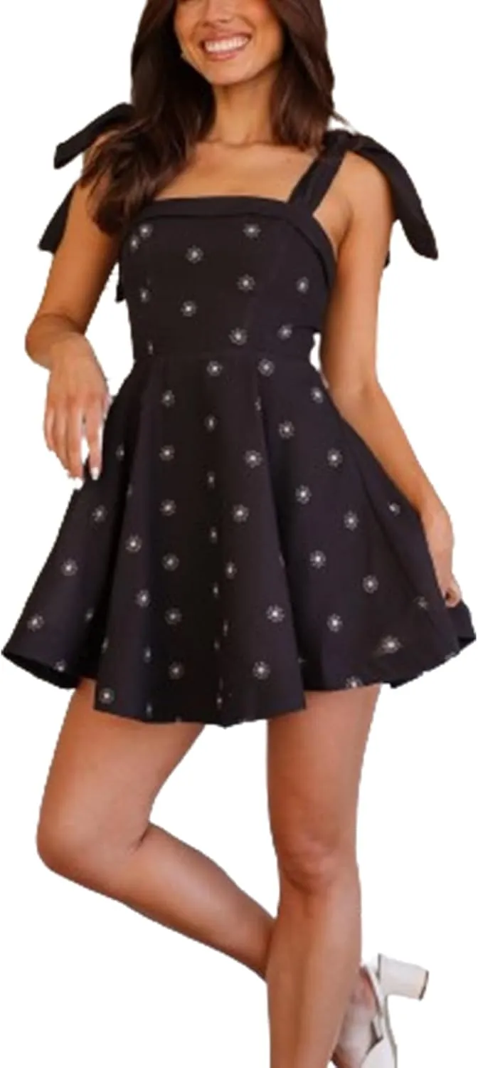 Women Tie Shoulder Mini Dress Boho Floral Babydoll Dress Square Neck Ruffle A Line Flowy Summer Beach Sundress