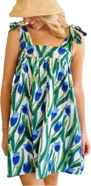 Women Tie Shoulder Mini Dress Boho Floral Babydoll Dress Square Neck Ruffle A Line Flowy Summer Beach Sundress
