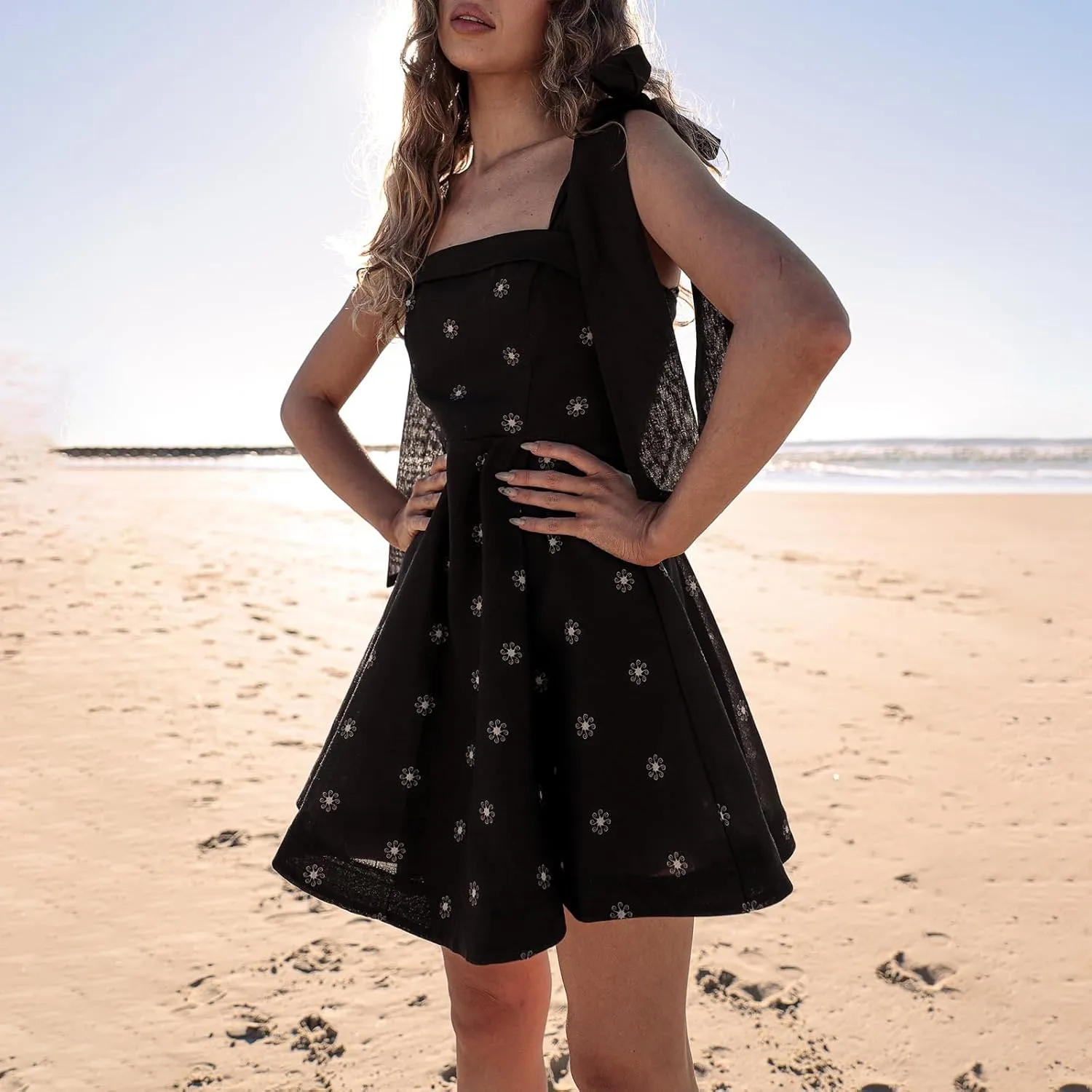 Women Tie Shoulder Mini Dress Boho Floral Babydoll Dress Square Neck Ruffle A Line Flowy Summer Beach Sundress