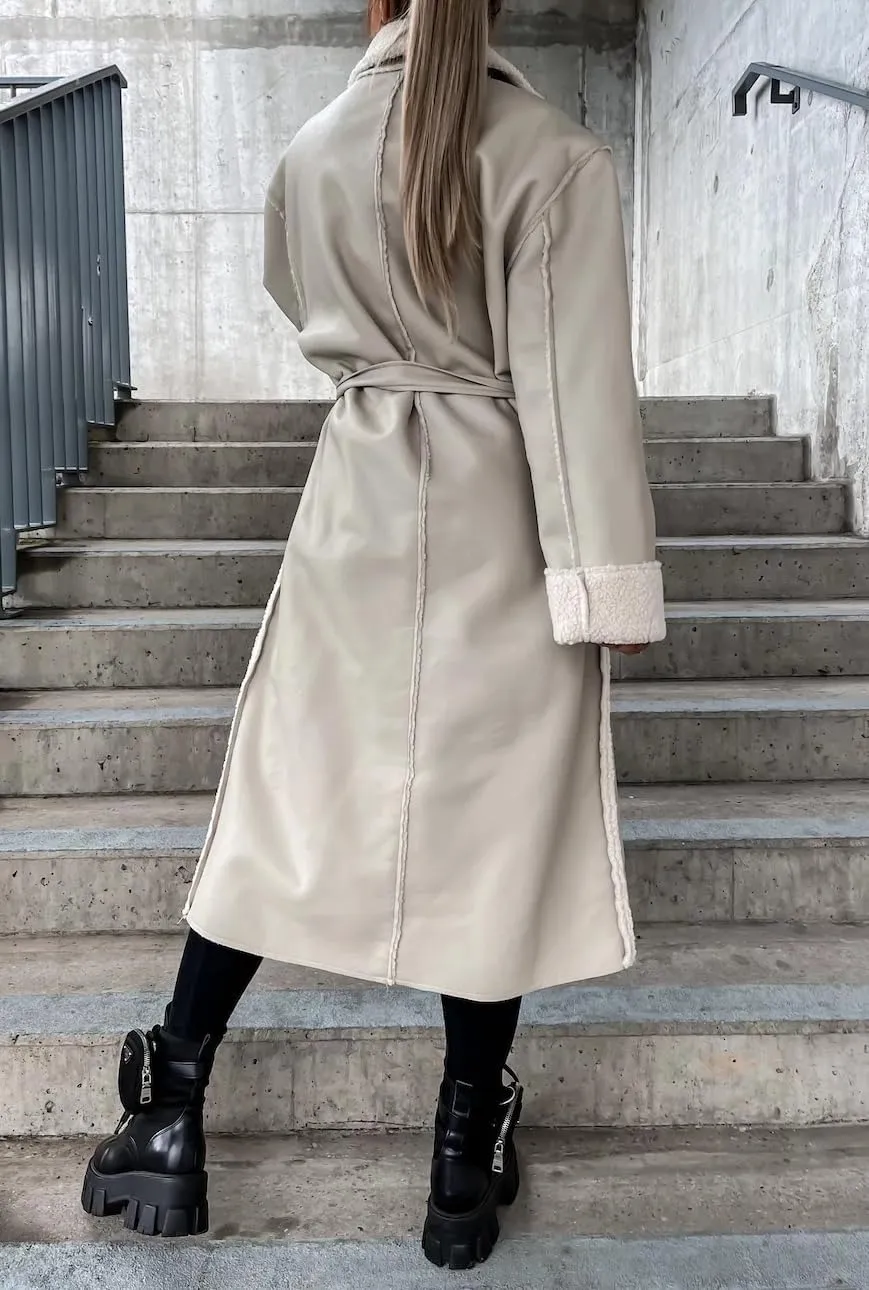 Women Trench Coat Long Loose Jacket Faux PU Leather Lamb's Wool Classic Soft Lapel Overcoat with Belt