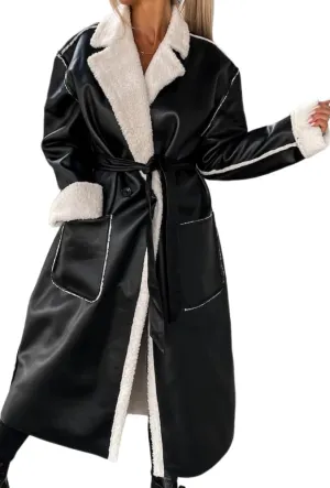 Women Trench Coat Long Loose Jacket Faux PU Leather Lamb's Wool Classic Soft Lapel Overcoat with Belt