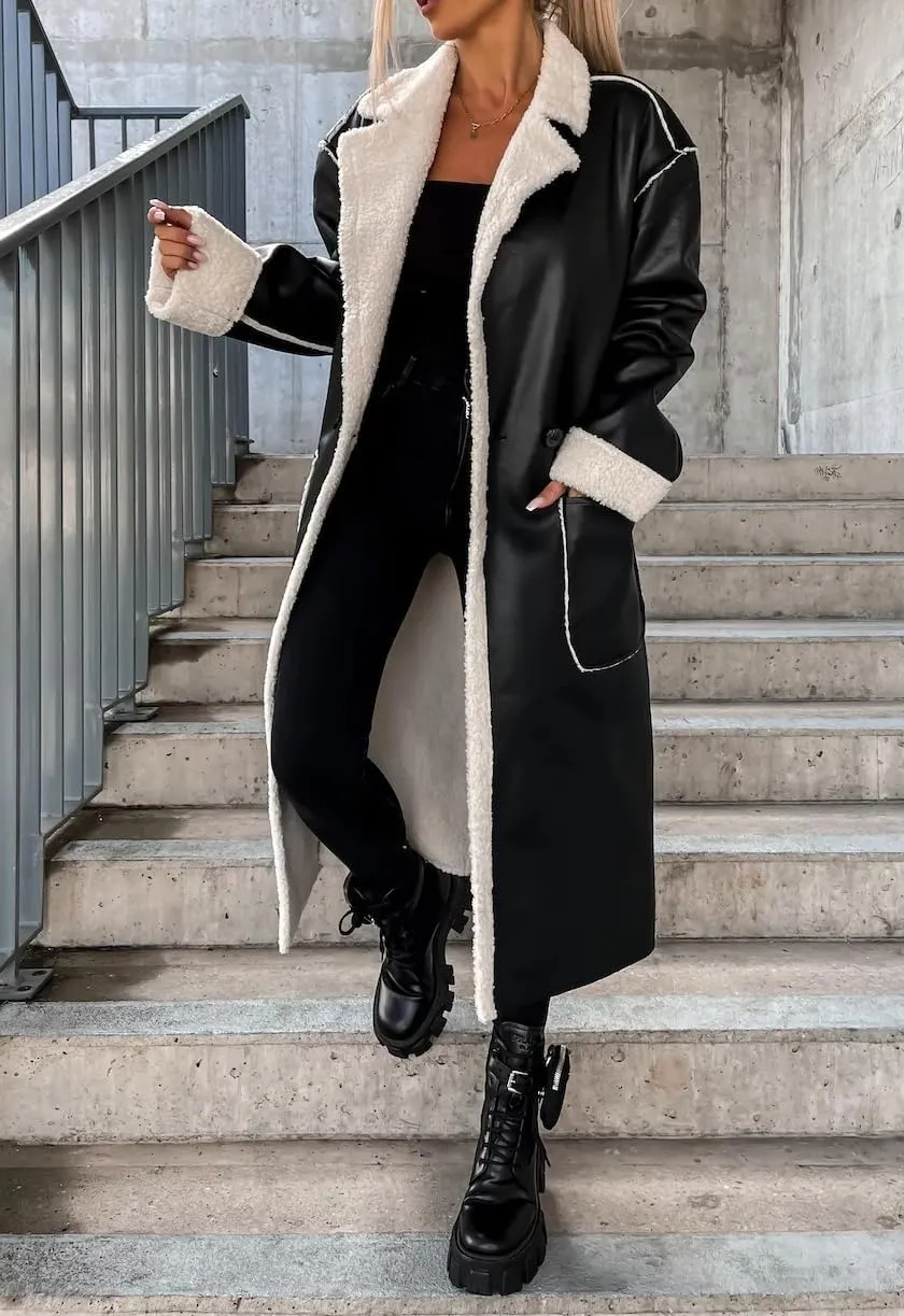 Women Trench Coat Long Loose Jacket Faux PU Leather Lamb's Wool Classic Soft Lapel Overcoat with Belt