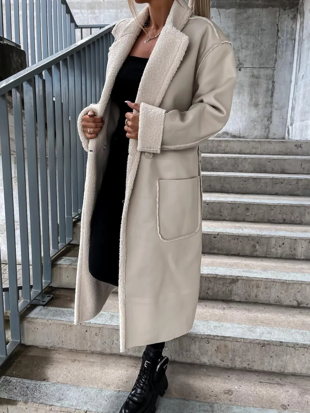 Women Trench Coat Long Loose Jacket Faux PU Leather Lamb's Wool Classic Soft Lapel Overcoat with Belt
