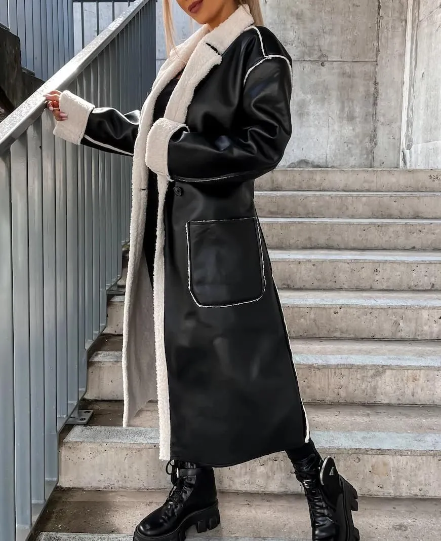Women Trench Coat Long Loose Jacket Faux PU Leather Lamb's Wool Classic Soft Lapel Overcoat with Belt