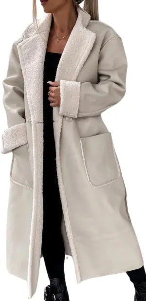 Women Trench Coat Long Loose Jacket Faux PU Leather Lamb's Wool Classic Soft Lapel Overcoat with Belt
