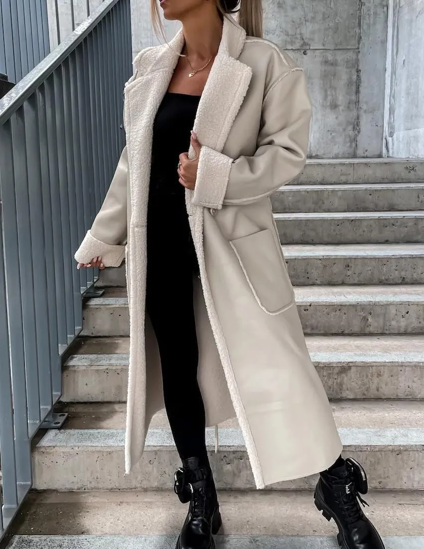 Women Trench Coat Long Loose Jacket Faux PU Leather Lamb's Wool Classic Soft Lapel Overcoat with Belt