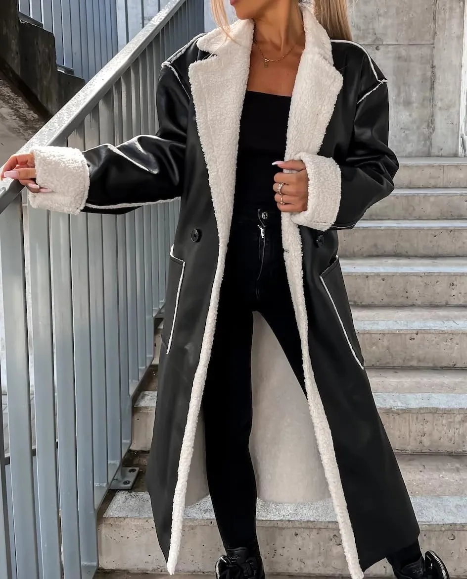 Women Trench Coat Long Loose Jacket Faux PU Leather Lamb's Wool Classic Soft Lapel Overcoat with Belt