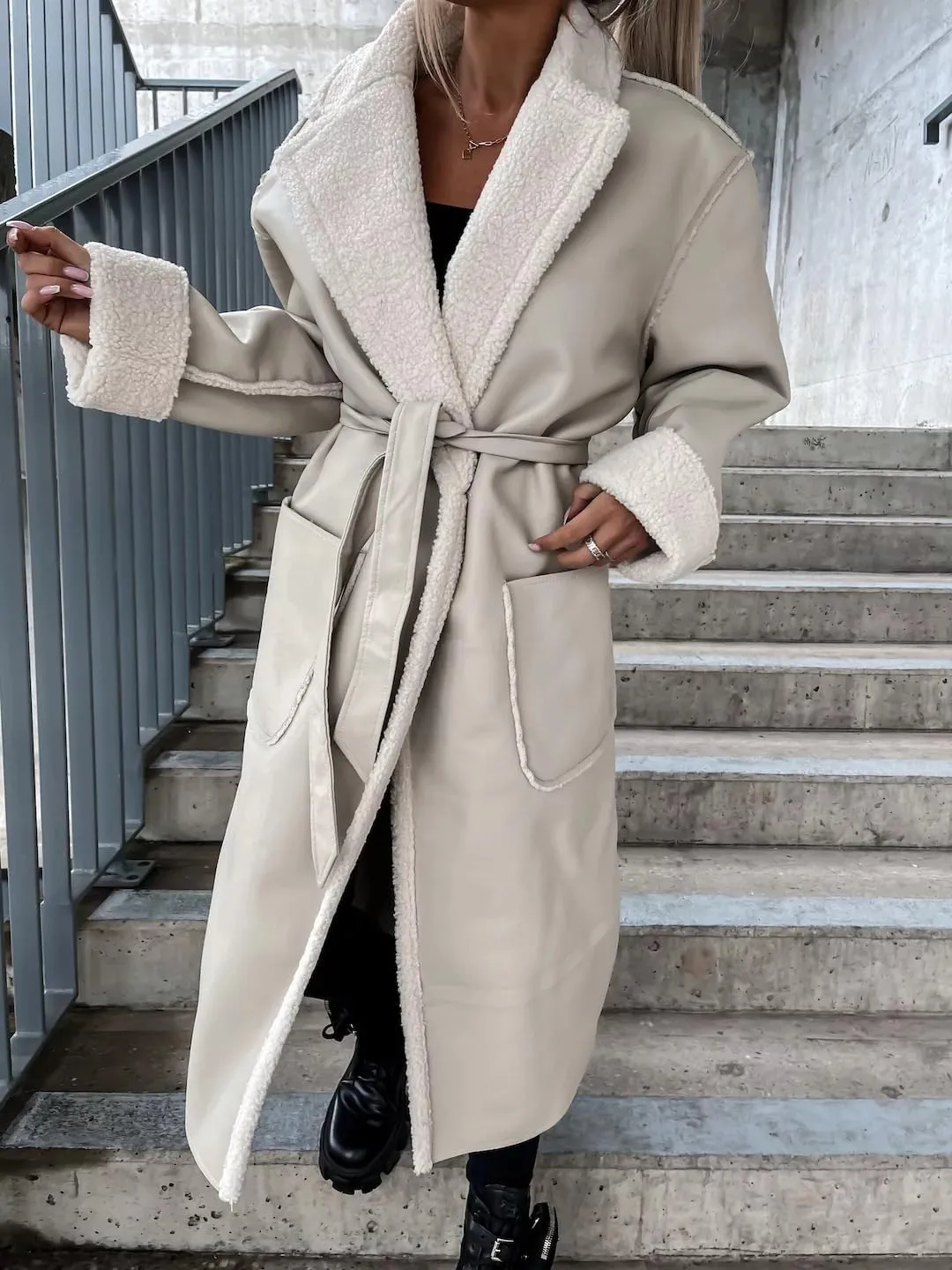 Women Trench Coat Long Loose Jacket Faux PU Leather Lamb's Wool Classic Soft Lapel Overcoat with Belt