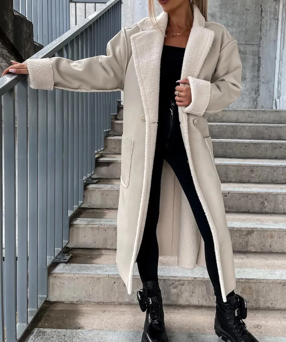 Women Trench Coat Long Loose Jacket Faux PU Leather Lamb's Wool Classic Soft Lapel Overcoat with Belt