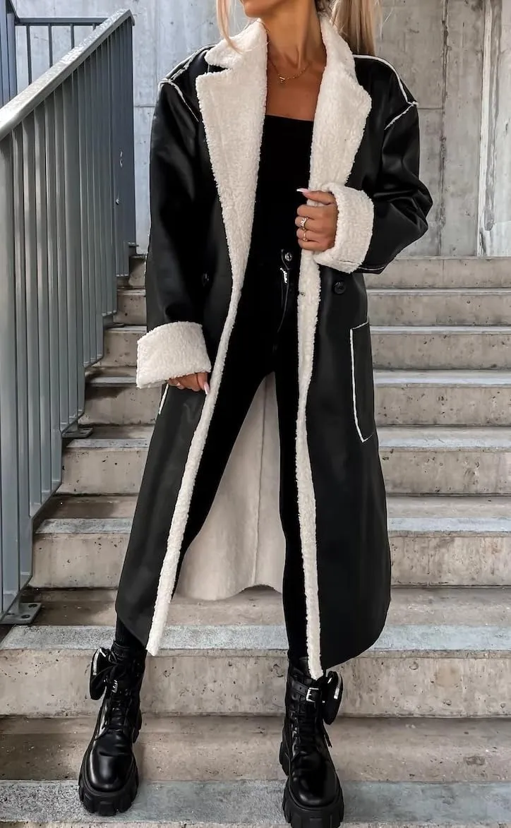 Women Trench Coat Long Loose Jacket Faux PU Leather Lamb's Wool Classic Soft Lapel Overcoat with Belt