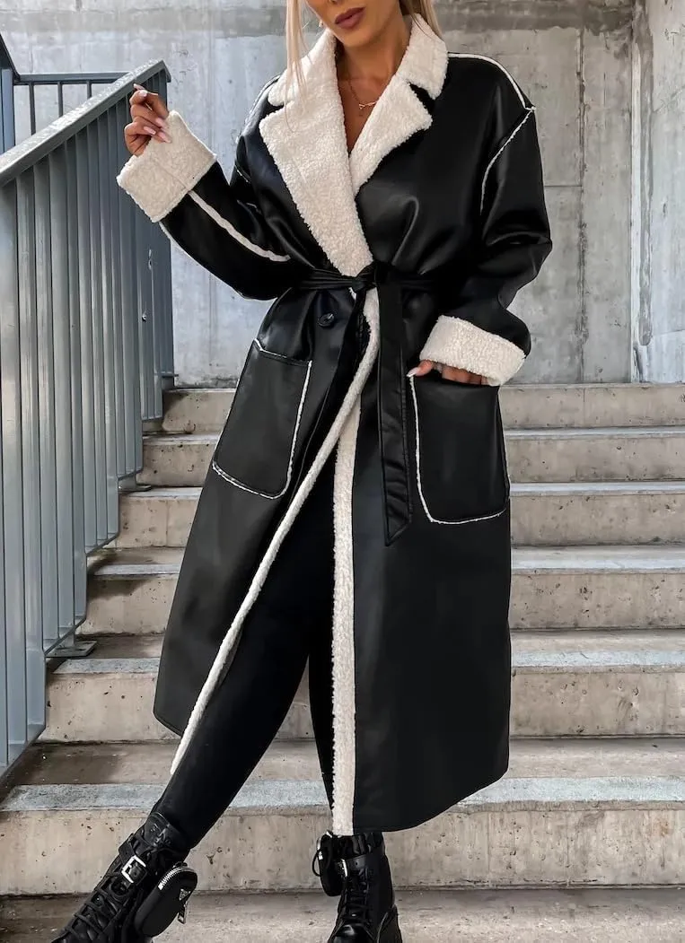 Women Trench Coat Long Loose Jacket Faux PU Leather Lamb's Wool Classic Soft Lapel Overcoat with Belt