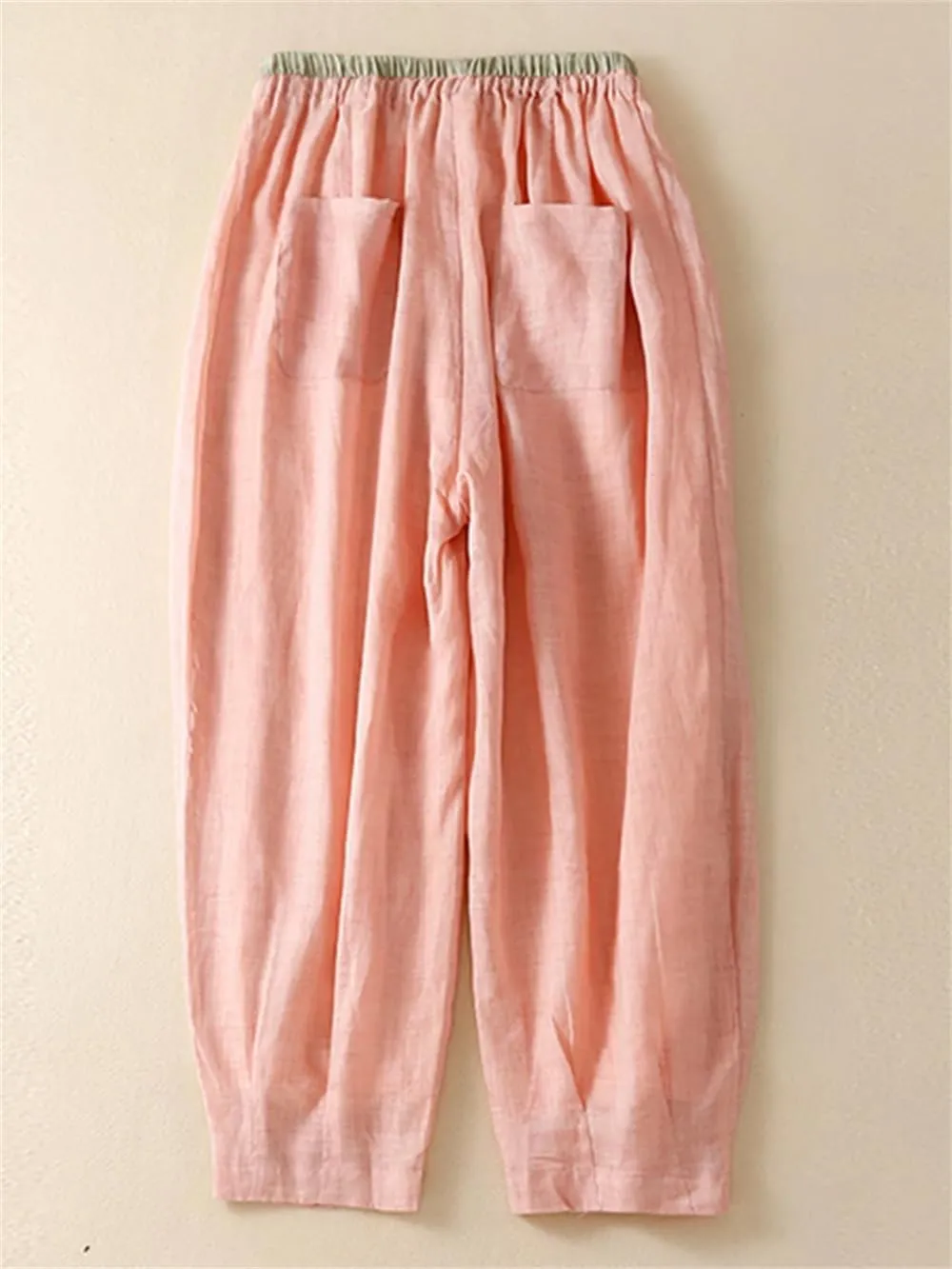 Women Vintage Japan Cotton Trousers Solid Elastic Waist Harem Pants